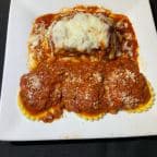 Best Half met ravioli, half meat lasagna, baked with marinara sauce and mozzarella cheese in San Diego, CA
